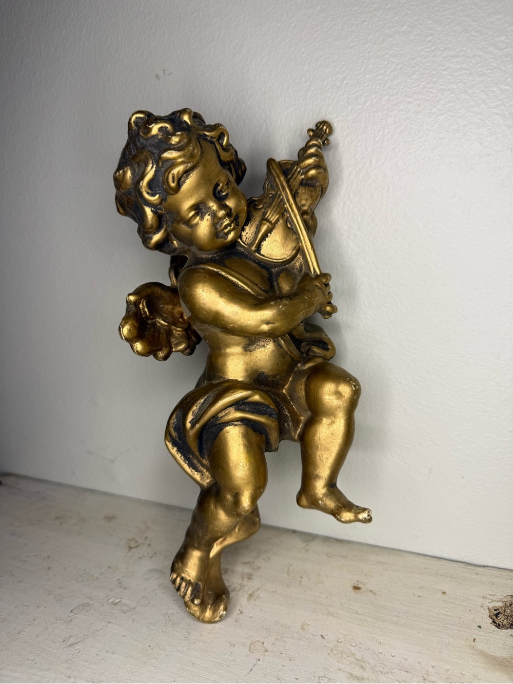 Angel Ornament Cherub Playing violin Christmas Gold Hanging 11” Tall Vintage